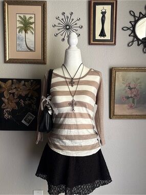 Express Beige and White Striped Long-Sleeve Top